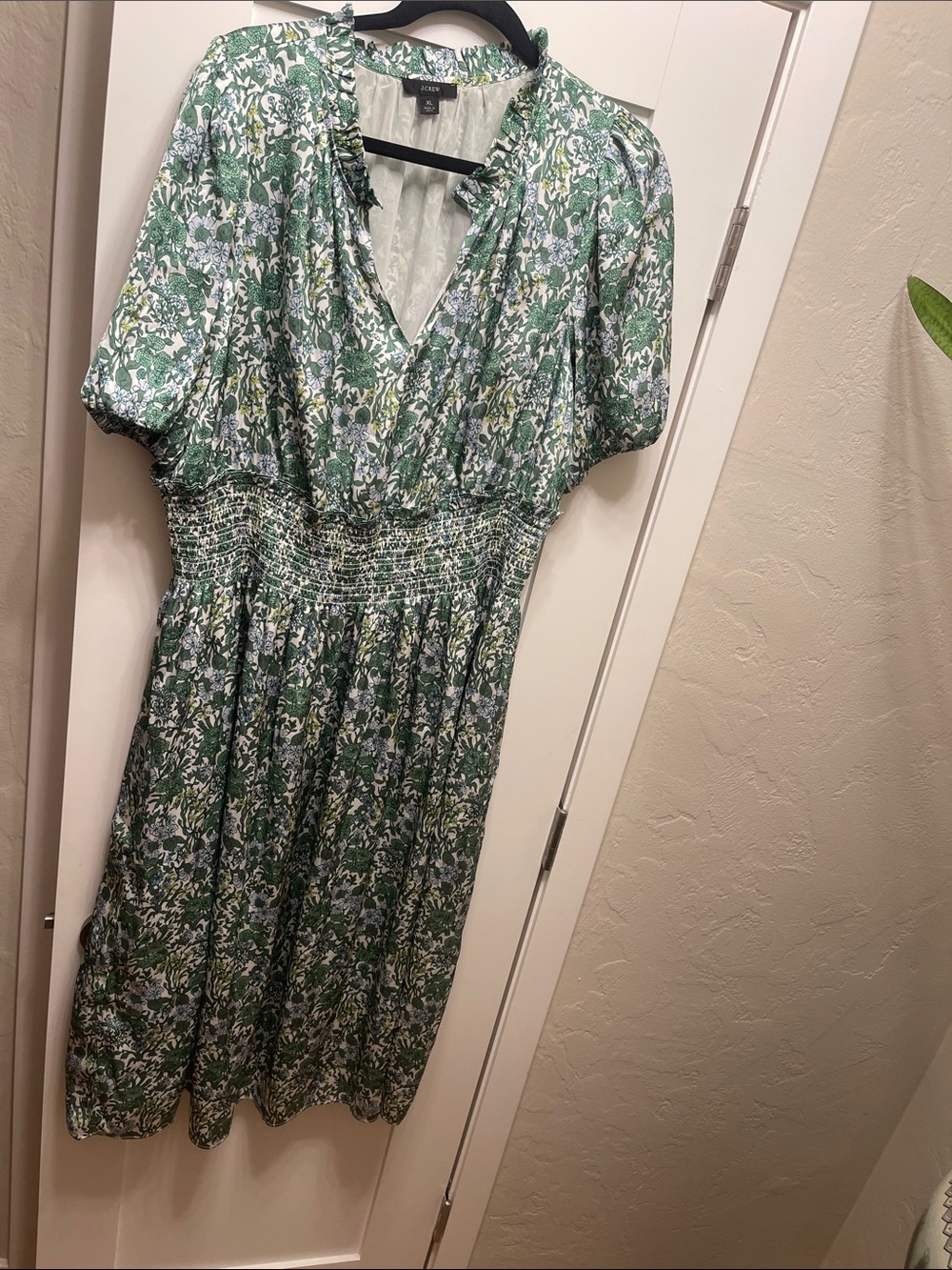J. Crew Green Floral V-Neck Midi Dress with Smocked Waist SZ XL
